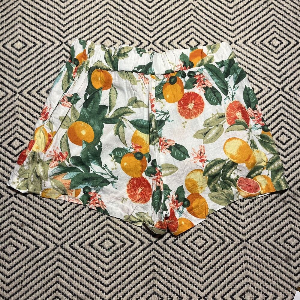 Linen Blend Paper Bag Waist Shorts Medium Orange Fruit Summer Tropical Botanical